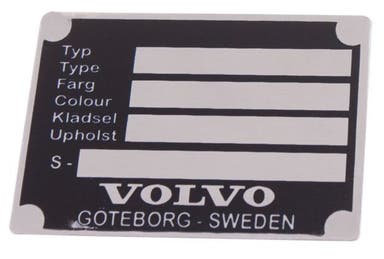Alumiininen tunnistekilpi Volvo Duettille, Amazonille, 1800:lle, 140:lle, 164:lle